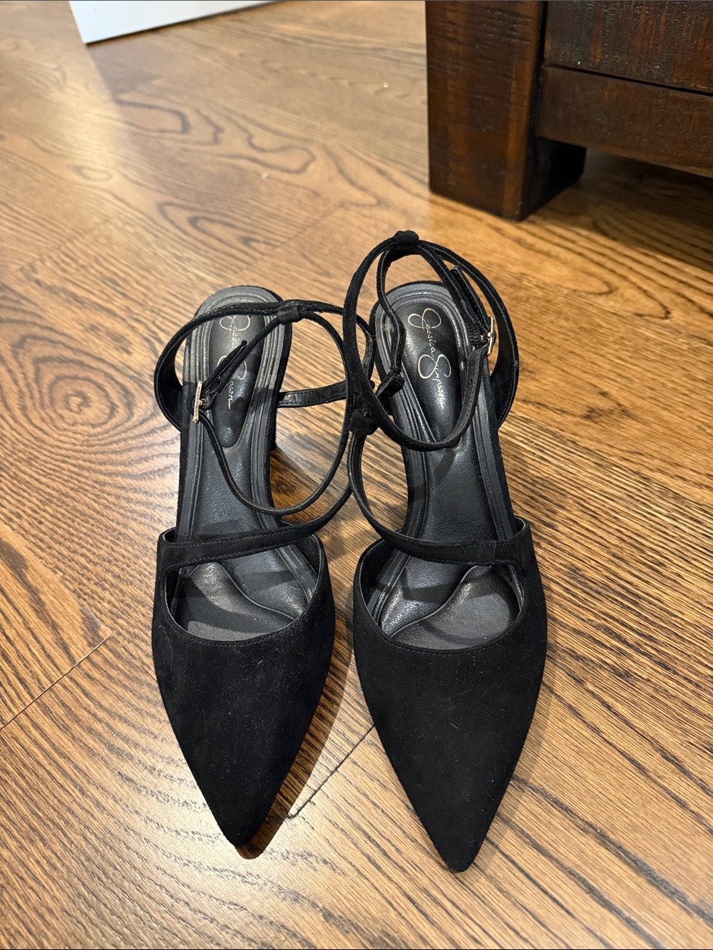 Jessica Simpson Black Suede Pointed Toe Strappy Ankle Tie Heels
